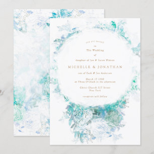 Winter Blue Green Flowers Boho Wedding Invitation
