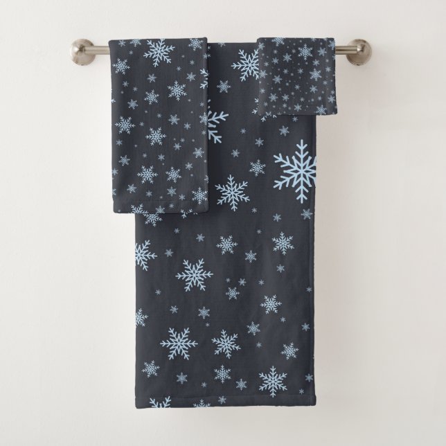 Winter Blue Grey Snowflakes Christmas Season Bath Towel Set (Insitu)