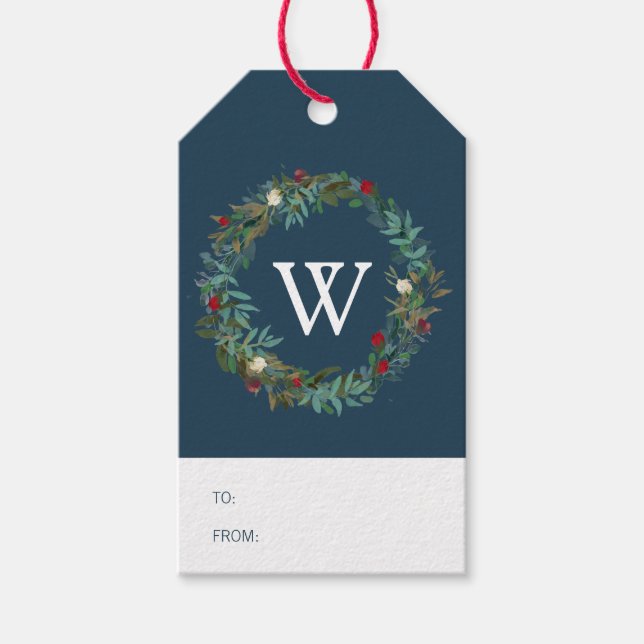 Winter Blue Holiday Wreath Monogram Gift Tag (Front)