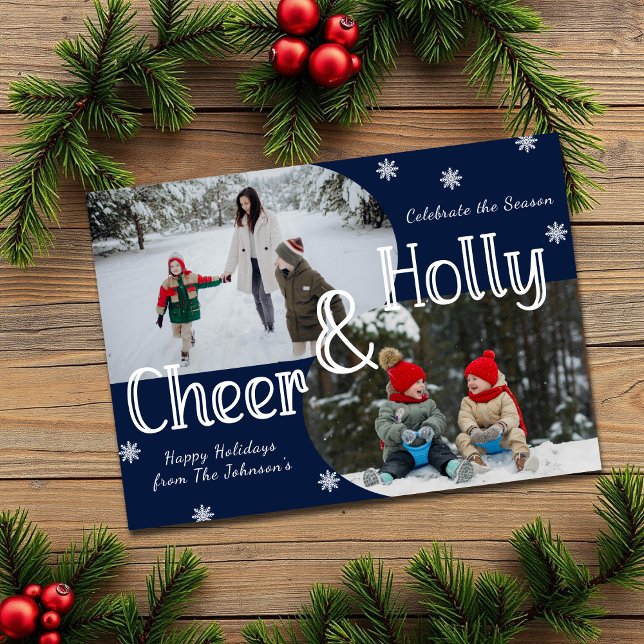 Winter Blue Holly & Cheer 2 Family Photo Christmas Holiday Card (Creator Uploaded)