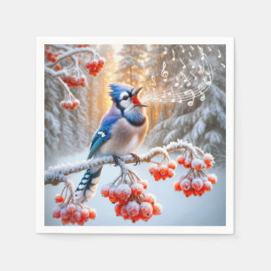 Winter Blue Jay Singing On a Red Berry Tree Napkin