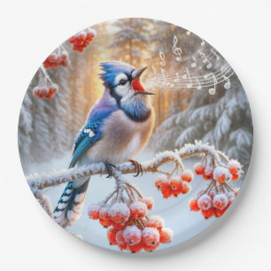 Winter Blue Jay Singing On a Red Berry Tree Paper Plate