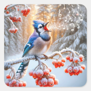 Winter Blue Jay Singing On a Red Berry Tree Square Sticker