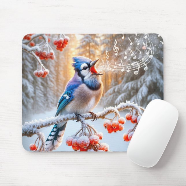 Winter Blue Jay Singing On Berry Tree Mouse Mat (With Mouse)