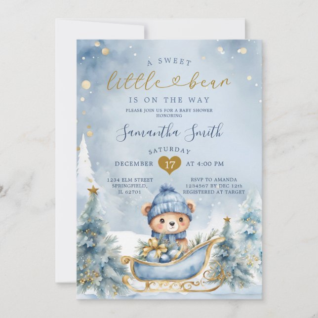 Winter Blue Little Bear on The Way Baby Shower Invitation (Front)