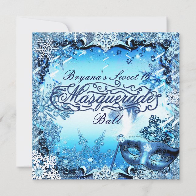 Winter Blue Masquerade Mask & Snowflakes Elegant Invitation (Front)