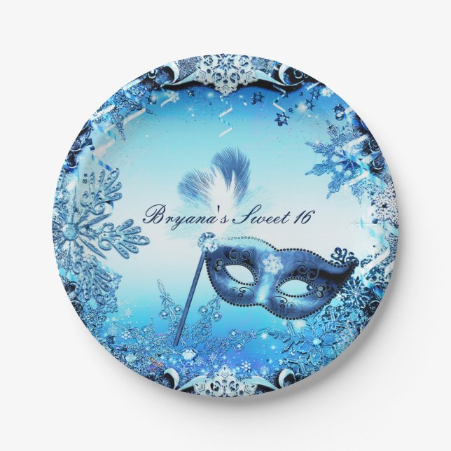 Winter Blue Masquerade Mask & Snowflakes Elegant Paper Plate (Front)