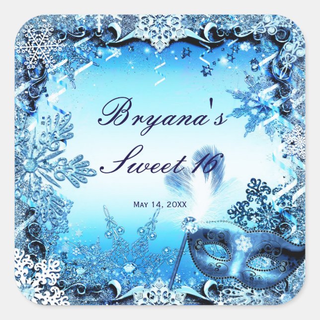 Winter Blue Masquerade Mask & Snowflakes Elegant Square Sticker (Front)