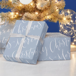 Winter Blue Merry Christmas Calligraphy Holiday Wrapping Paper