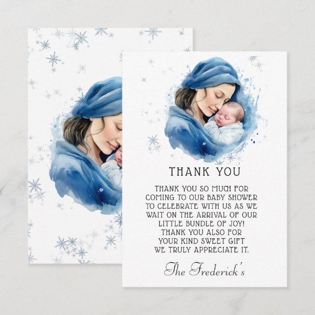 Winter Blue Mother & Child Baby Shower Thank You  Card (Front/Back)