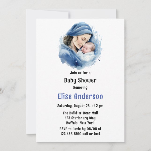 Winter Blue Mother & Child Boy Baby Shower Invitation (Front)