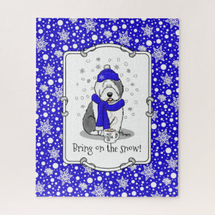 Winter Blue Old English Sheepdog Dog (Gray 1) Cute Jigsaw Puzzle