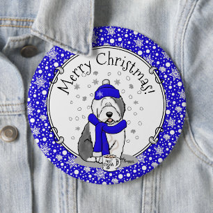 Winter Blue Old English Sheepdog Dog (Grey 1) Cute 6 Cm Round Badge