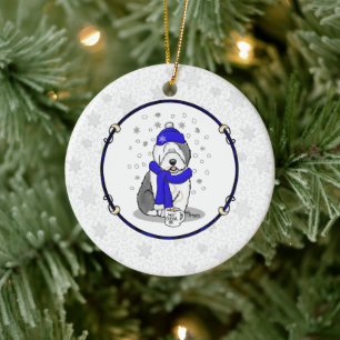 Winter Blue Old English Sheepdog Dog (Grey 1) Cute Ceramic Tree Decoration