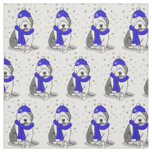 Winter Blue Old English Sheepdog Dog (Grey 1) Cute Fabric
