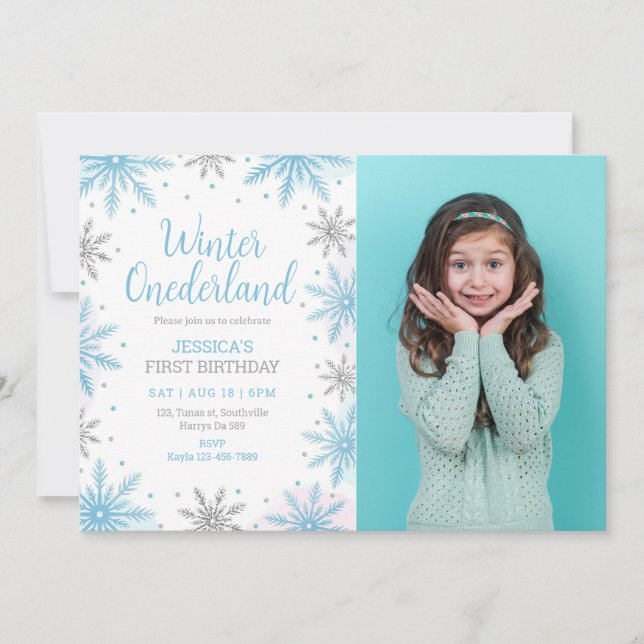 Winter Blue Onederland Girl 1st Birthday Photo Invitation (Front)