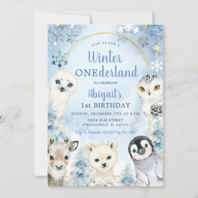 Winter Blue Onederland Woodland Animals Birthday Invitation (Front)