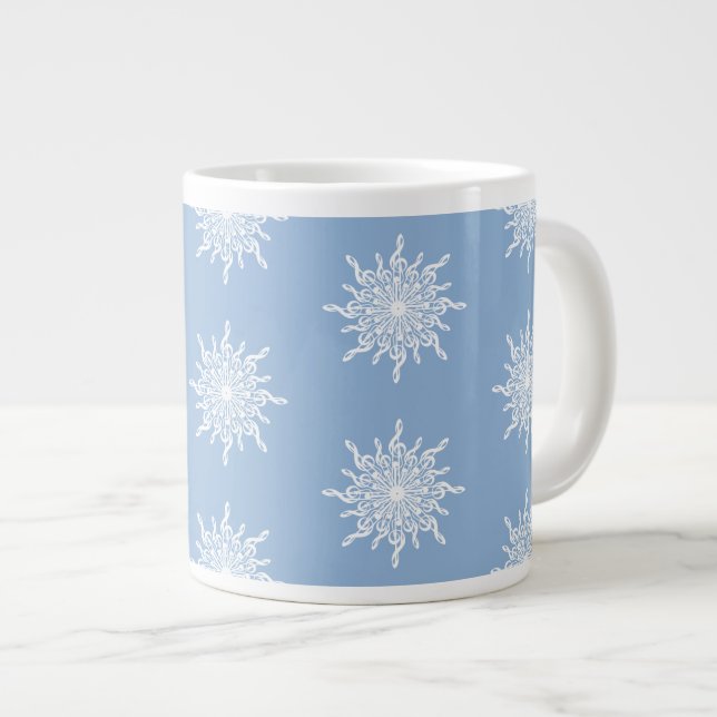 Winter Blue Ornamental G-Clef Snowflake Pattern Large Coffee Mug (Front Right)