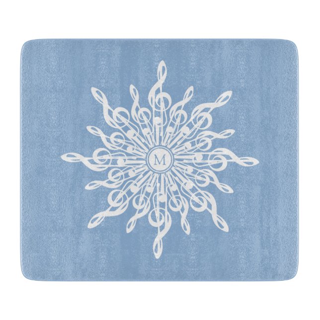 Winter Blue Ornamental Monogram G-Clef Snowflake Cutting Board (Front)