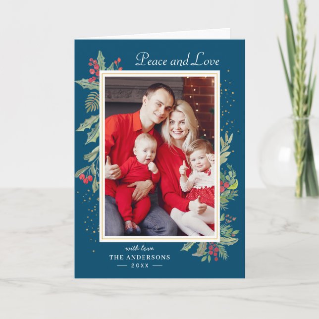 Winter Blue Peace and Love Holly Berries Photo Holiday Card (Front)