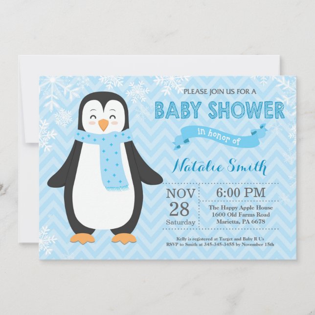 Winter Blue Penguin Boy Baby Shower Invitation (Front)