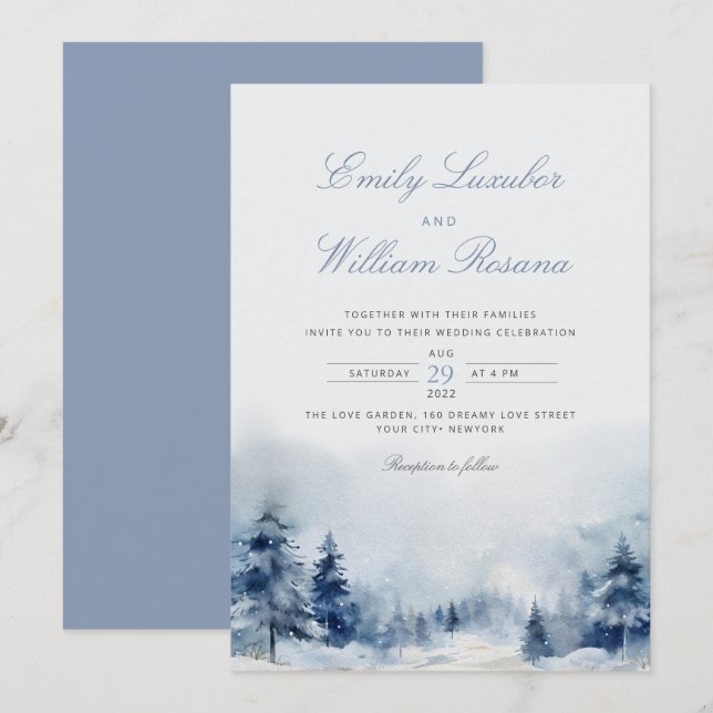 Winter Blue Pine Snow Mountains Wedding Invitation (Front/Back)