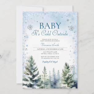 Winter Blue Pine Tree Baby Shower Snowflakes Invitation