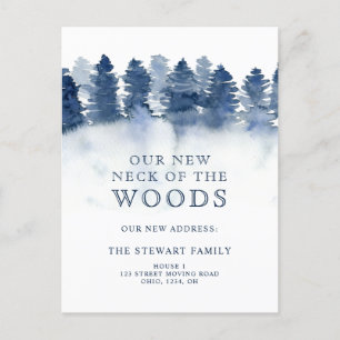 Winter blue pine tree new neck woods home moving announcement postcard
