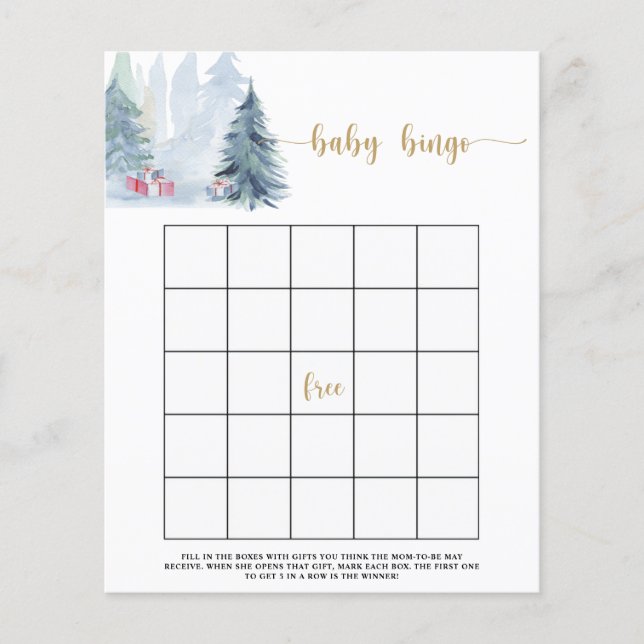 Winter blue pine trees baby bingo game (Front)