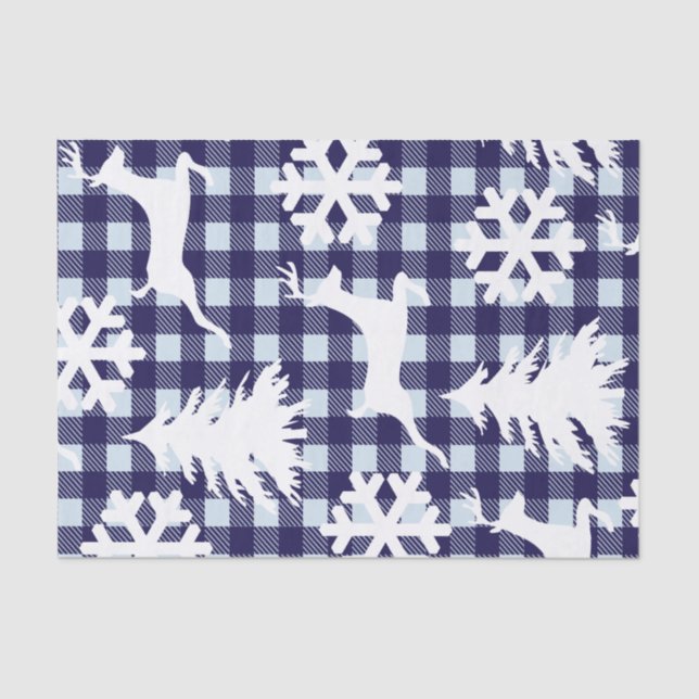 Winter Blue Plaid White Deer Snowflakes & Trees Tissue Paper (Front)