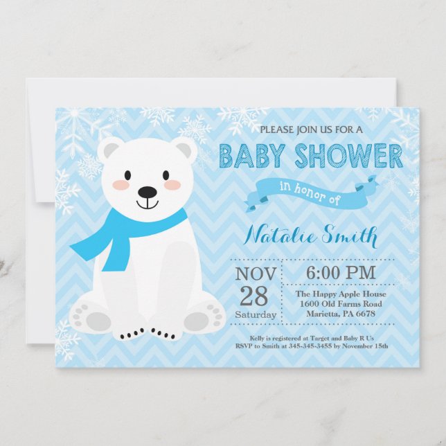 Winter Blue Polar Bear Boy Baby Shower Invitation (Front)