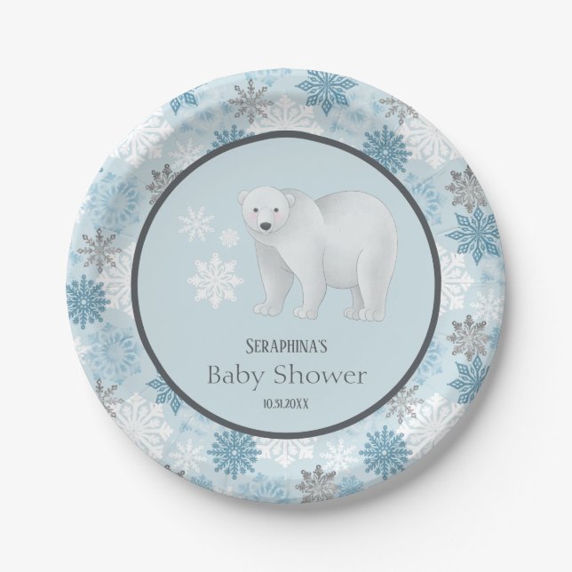 Winter Blue Polar Bear Snowflake Baby Shower Paper Plate (Front)