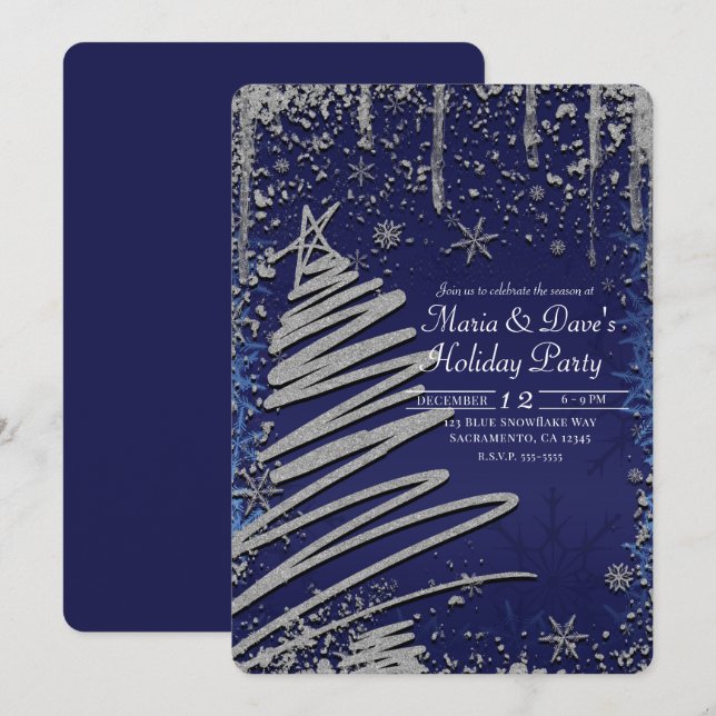 Winter Blue & Silver Christmas Tree Holiday Party Invitation (Front/Back)