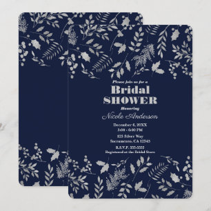 Winter Blue Silver Leaves Botanical Bridal Shower Invitation