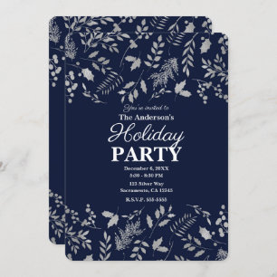 Winter Blue & Silver Leaves Botanical Holiday Invitation