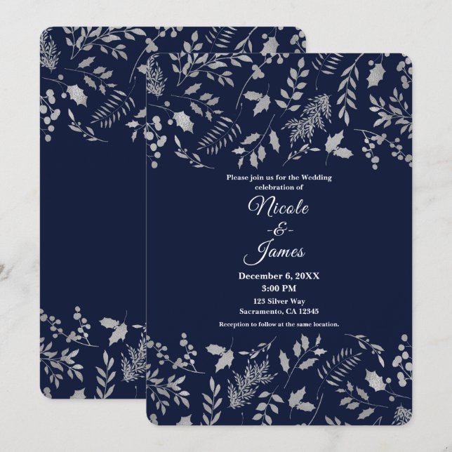 Winter Blue & Silver Leaves Botanical Wedding Invitation (Front/Back)