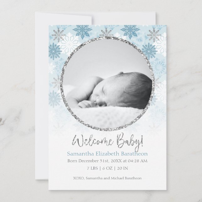 Winter Blue & Silver Snowflake Baby Birth Announce Announcement (Front)