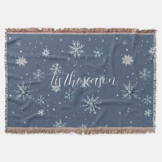 Winter Blue Silver Snowflakes Christmas Throw Blanket (Front)