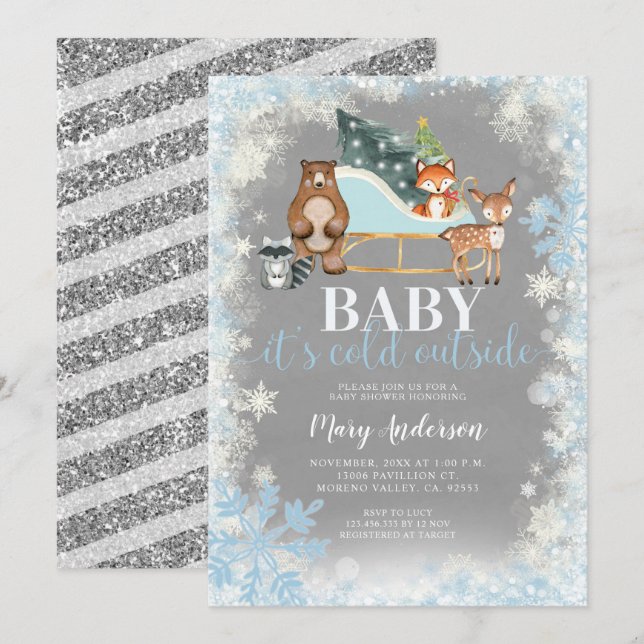 Winter Blue Silver Snowflakes Woodland Baby shower Invitation (Front/Back)