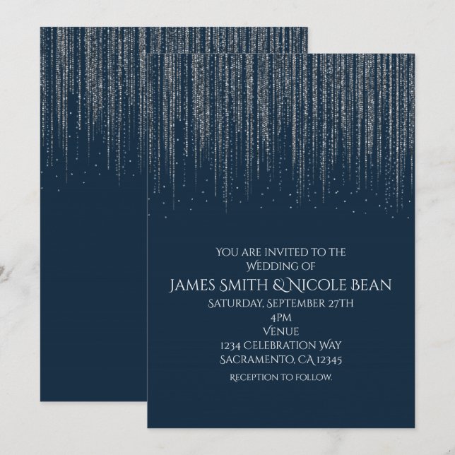 Winter Blue & Silver Sparkling Ice Lights Wedding Invitation (Front/Back)