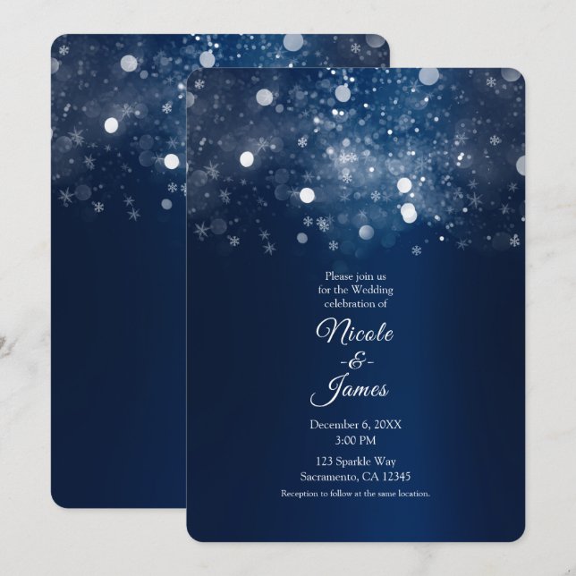 Winter Blue Silver Sparkling Lights Wedding Invitation (Front/Back)