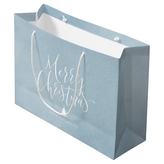 Winter Blue Simple Calligraphy Merry Christmas Large Gift Bag (Front Angled)
