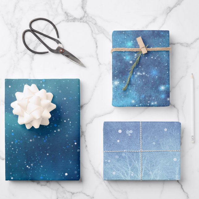 Winter blue Snow Glitter Sky Christmas festive Wrapping Paper Sheet (Front)