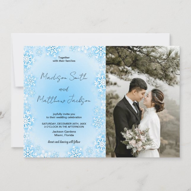 Winter Blue Snow Wedding Invitations with photo (Front)