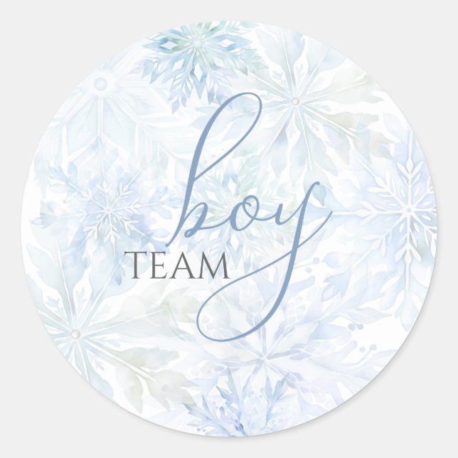 Winter Blue Snowflake Gender Reveal Team Boy Classic Round Sticker (Front)