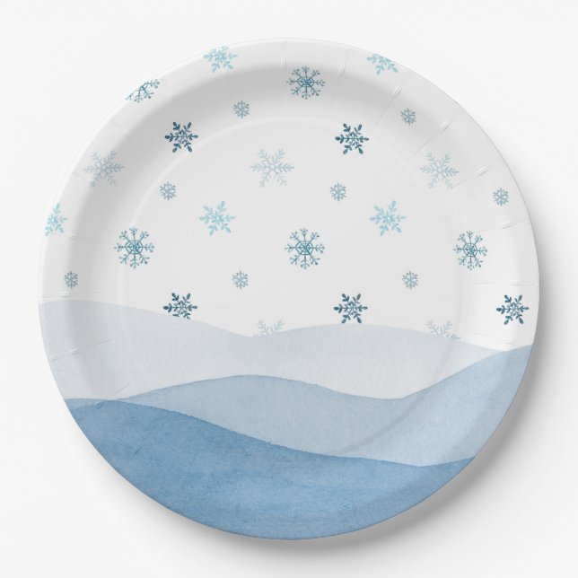 Winter Blue Snowflake Paper Plate (Front)