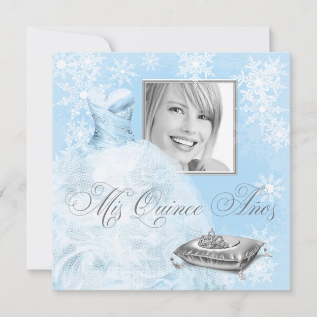 Winter Blue Snowflake Photo Quinceanera Invitation (Front)
