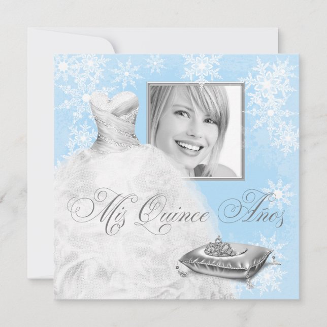 Winter Blue Snowflake Photo Quinceanera Invitation (Front)