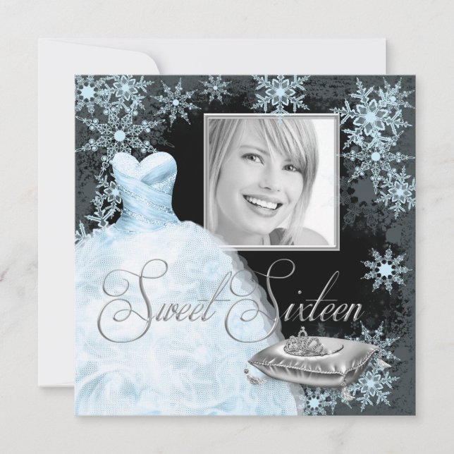 Winter Blue Snowflake Photo Sweet Sixteen Party Invitation (Front)