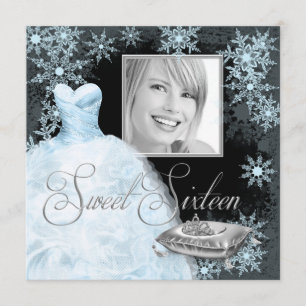 Winter Blue Snowflake Photo Sweet Sixteen Party Invitation